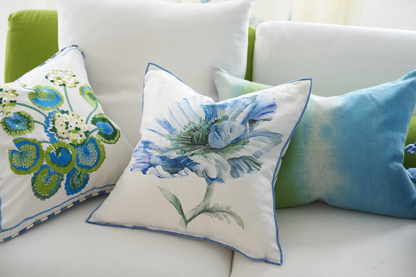 Luxury floral cushions with embroidered and printed flower designs