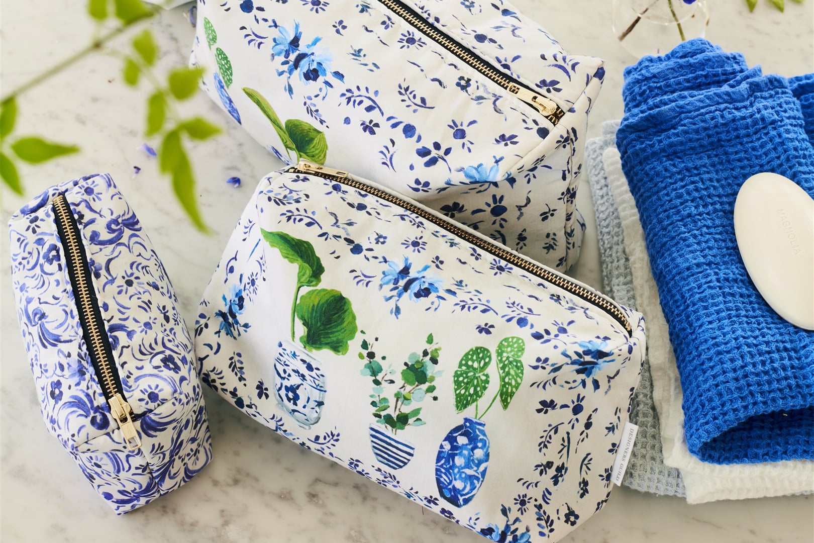 Floral washbags in colourful printed designs with practical waterproof lining