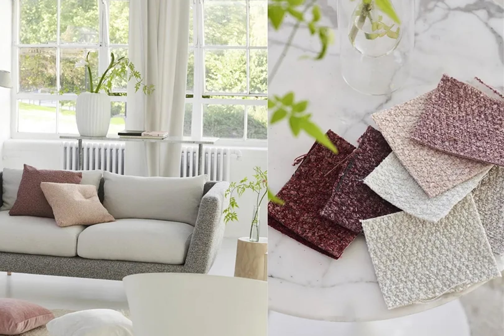 Easy-clean upholstery fabrics styled with a pale sofa in a bright family living room