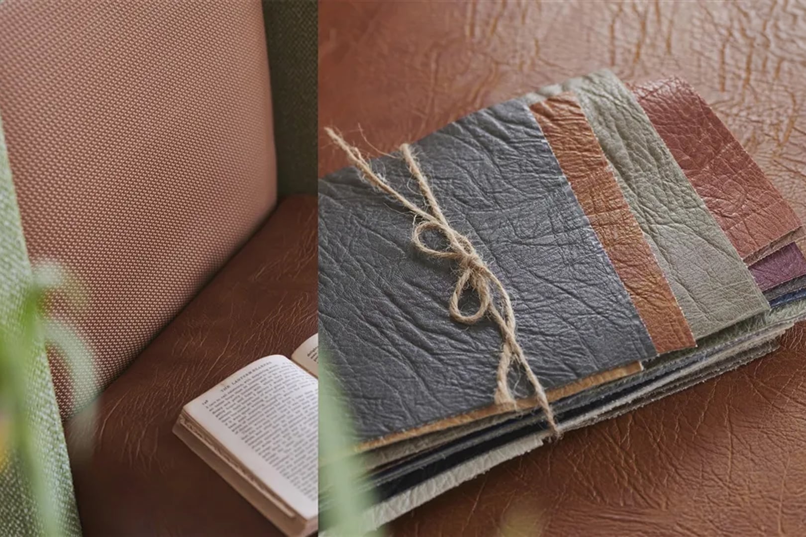 Faux leather and suede upholstery samples in warm brown and charcoal tones