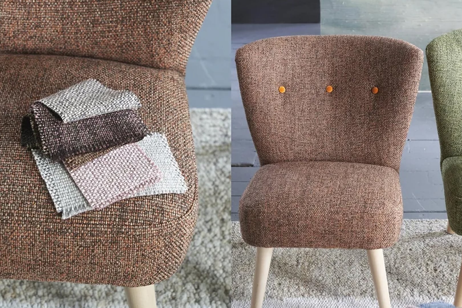 High-performance upholstery fabric samples displayed with a textured upholstered armchair