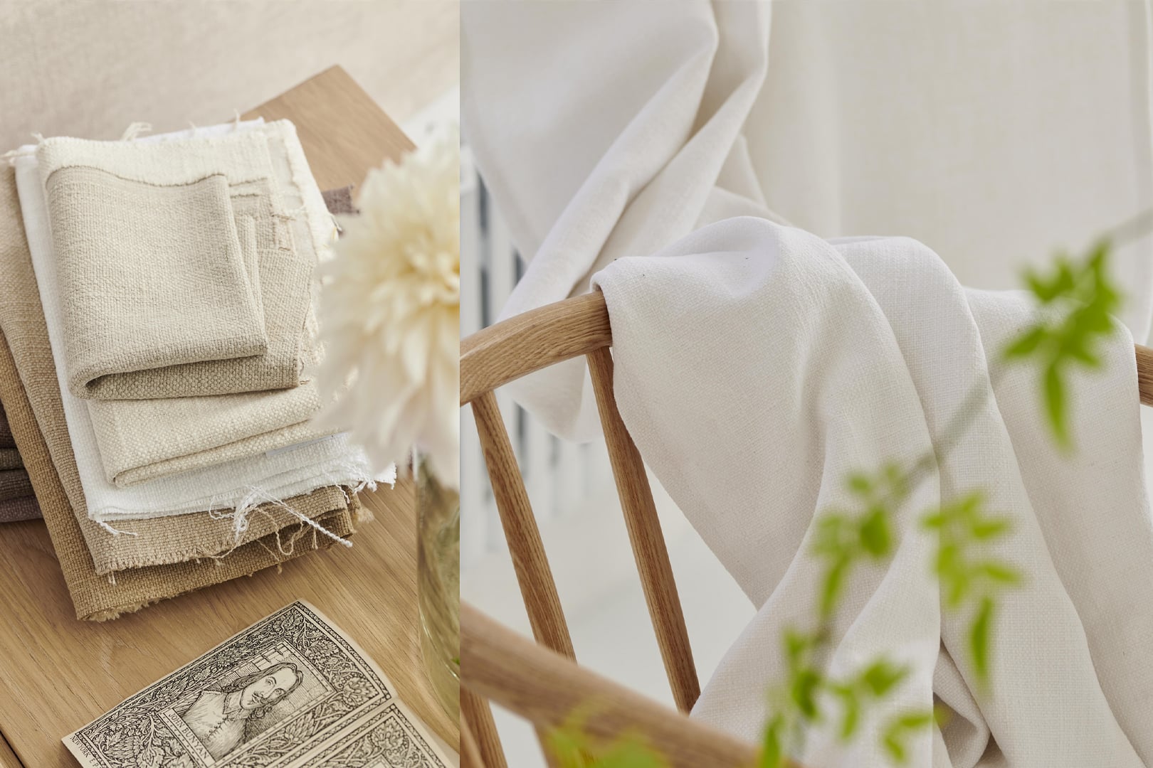 Natural linen upholstery fabrics draped over a wooden chair in a light interior