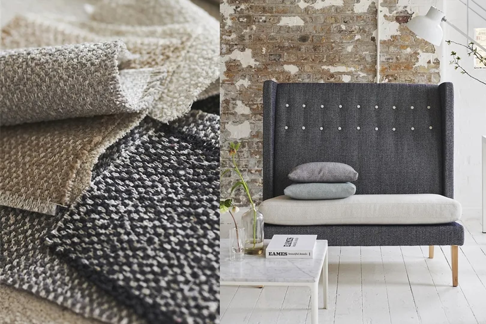 Textured wool and tweed upholstery samples displayed beside a tailored grey armchair