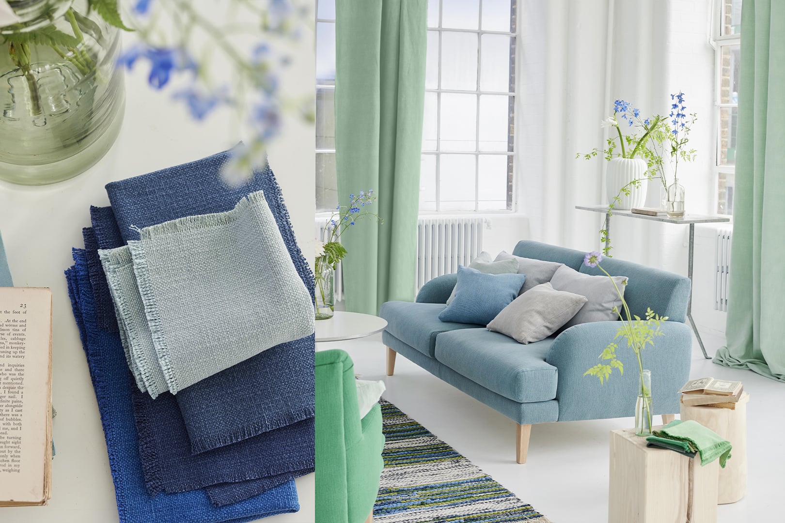 Bright contemporary living room with Tortona cotton curtain fabric by Designers Guild in fresh green and blue tones