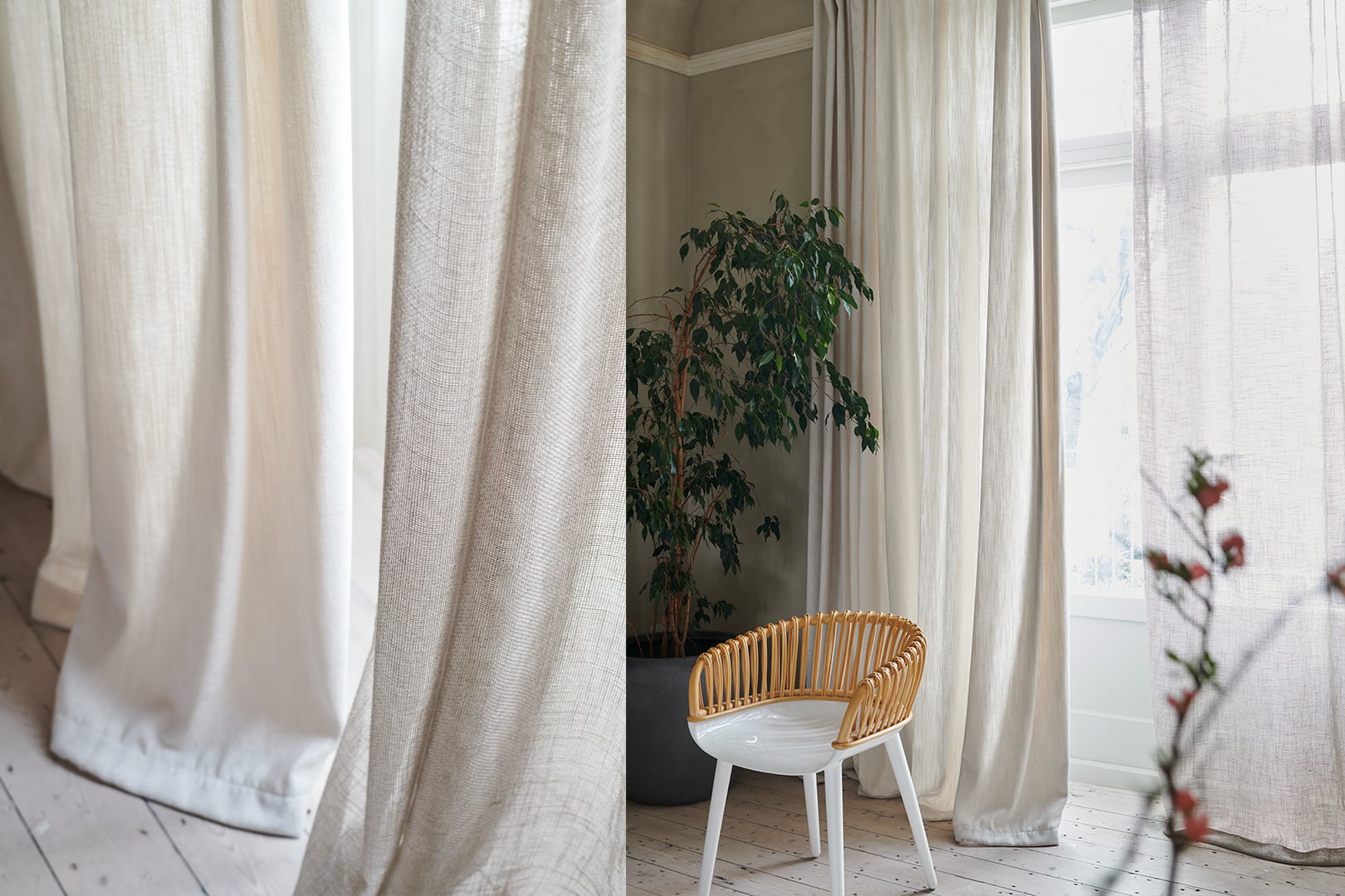 Neutral Bellavista and Julier wide width curtain fabrics by Designers Guild draped beside tall windows with soft natural texture
