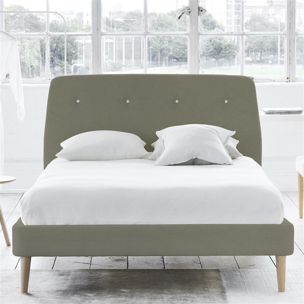 Cosmo Bed - White Buttons - Double - Beech Leg - Rothesay Linen