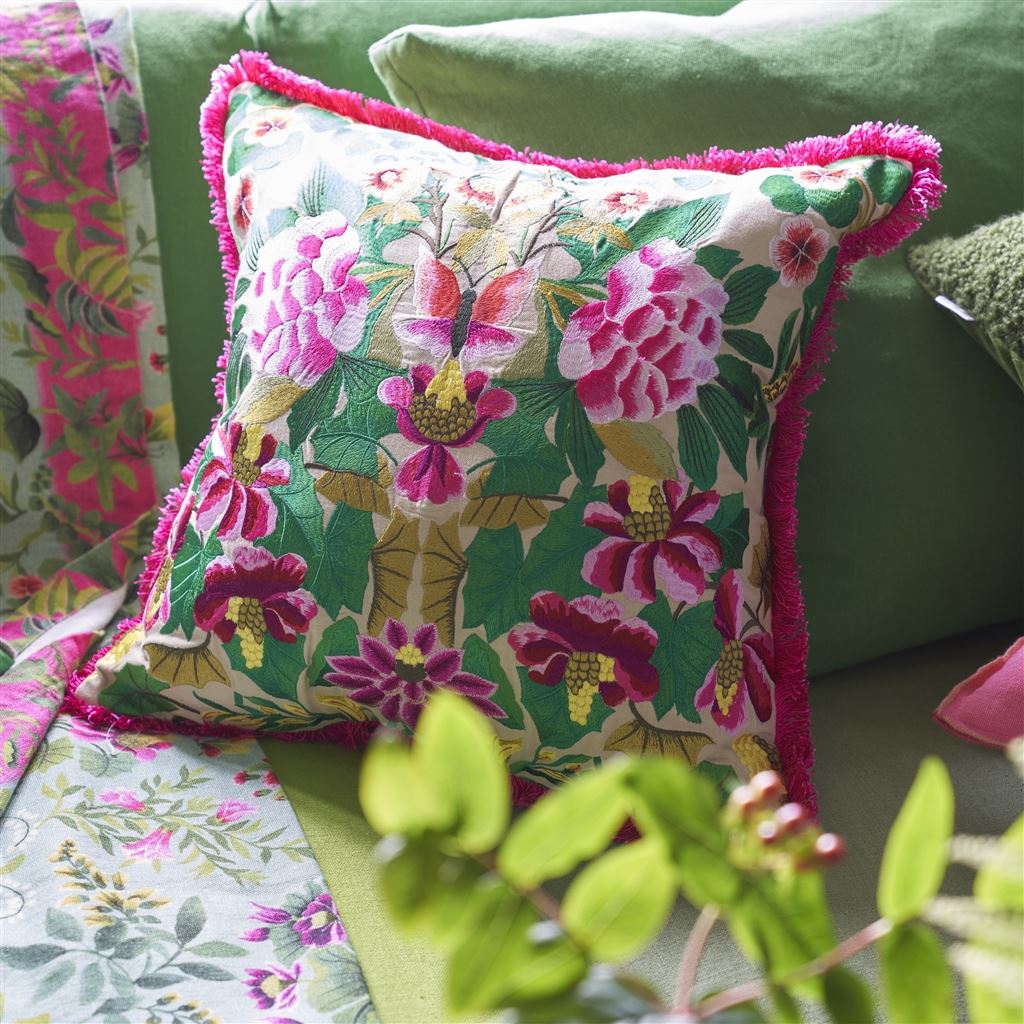 Ikebana Damask Fuchsia Embroidered Cotton Cushion