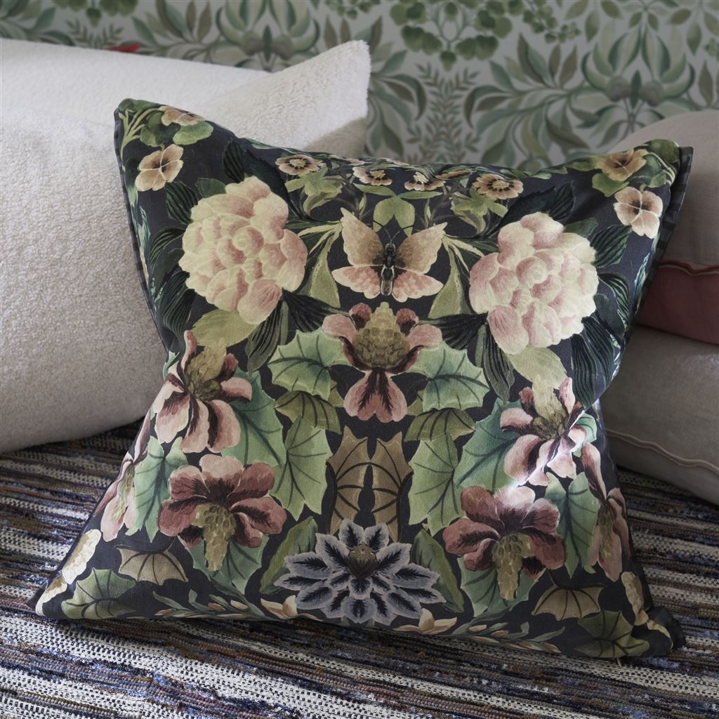 Ikebana Damask Graphite Velvet Cushion