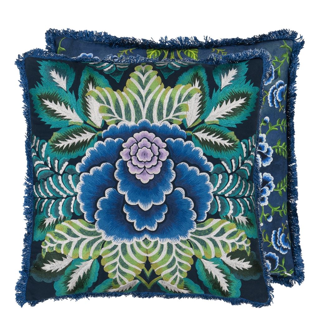 Rose de Damas Embroidered Indigo Cushion