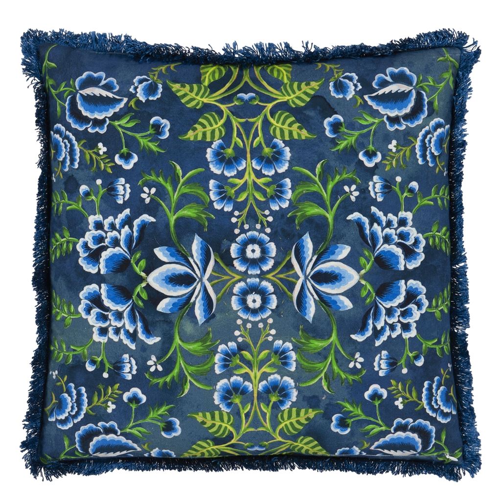 Rose de Damas Embroidered Indigo Cushion - Reverse