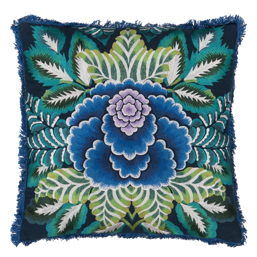 Rose de Damas Embroidered Indigo Cushion