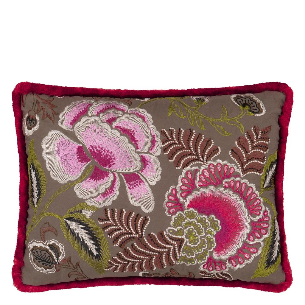 Rose de Damas Embroidered Cranberry Cushion