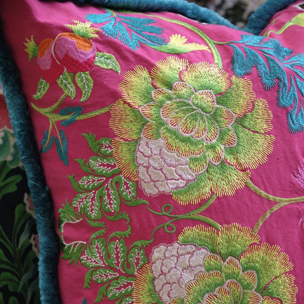 Brocart Decoratif Embroidered Cerise Cotton Cushion