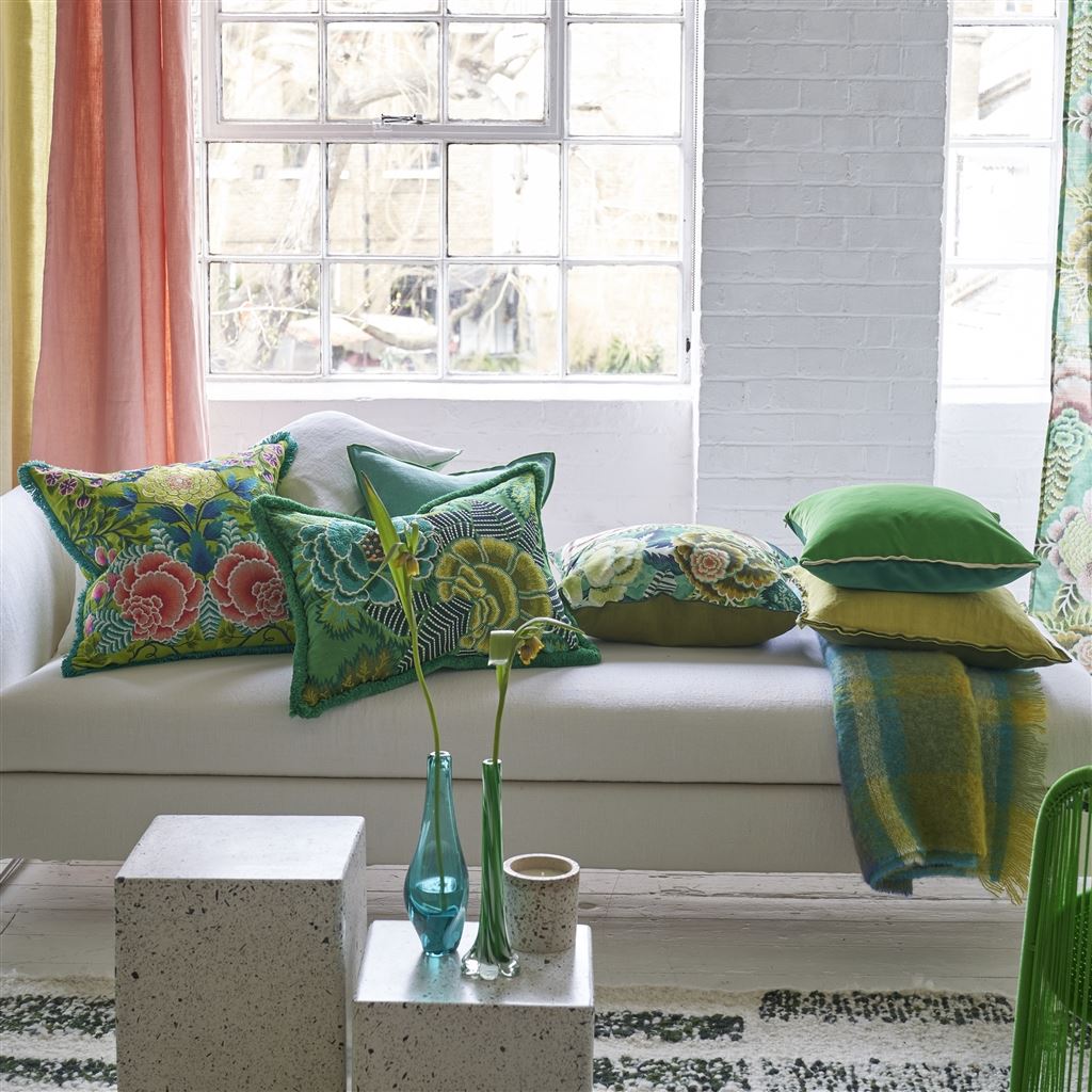 Rose De Damas Jade Embroidered Cotton Cushion
