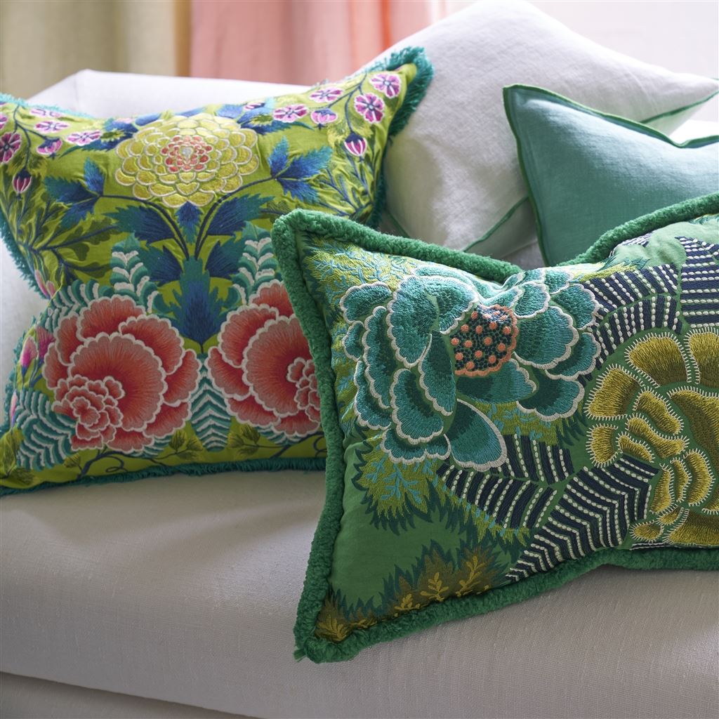 Brocart Decoratif Embroidered Lime Cotton Cushion