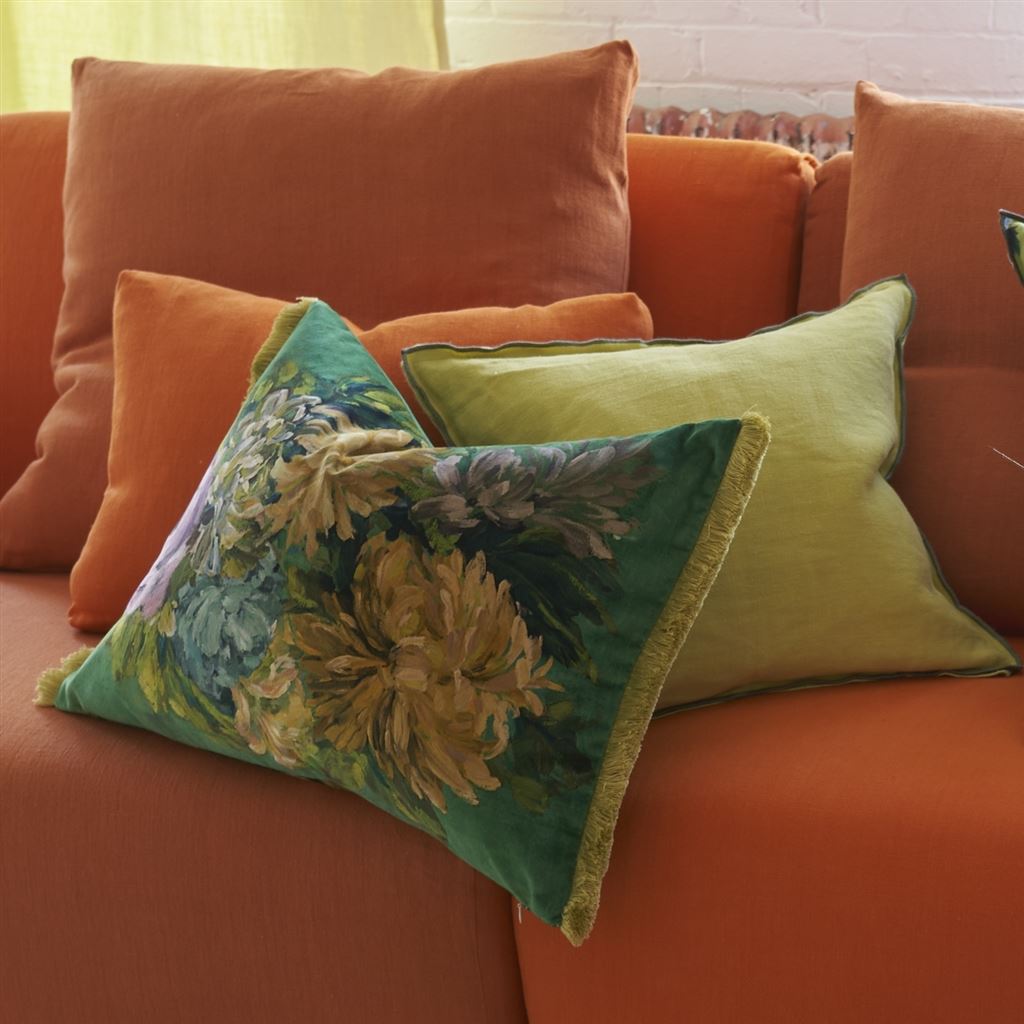 Fleurs D Artistes Velours Vintage Green Velvet Cushion