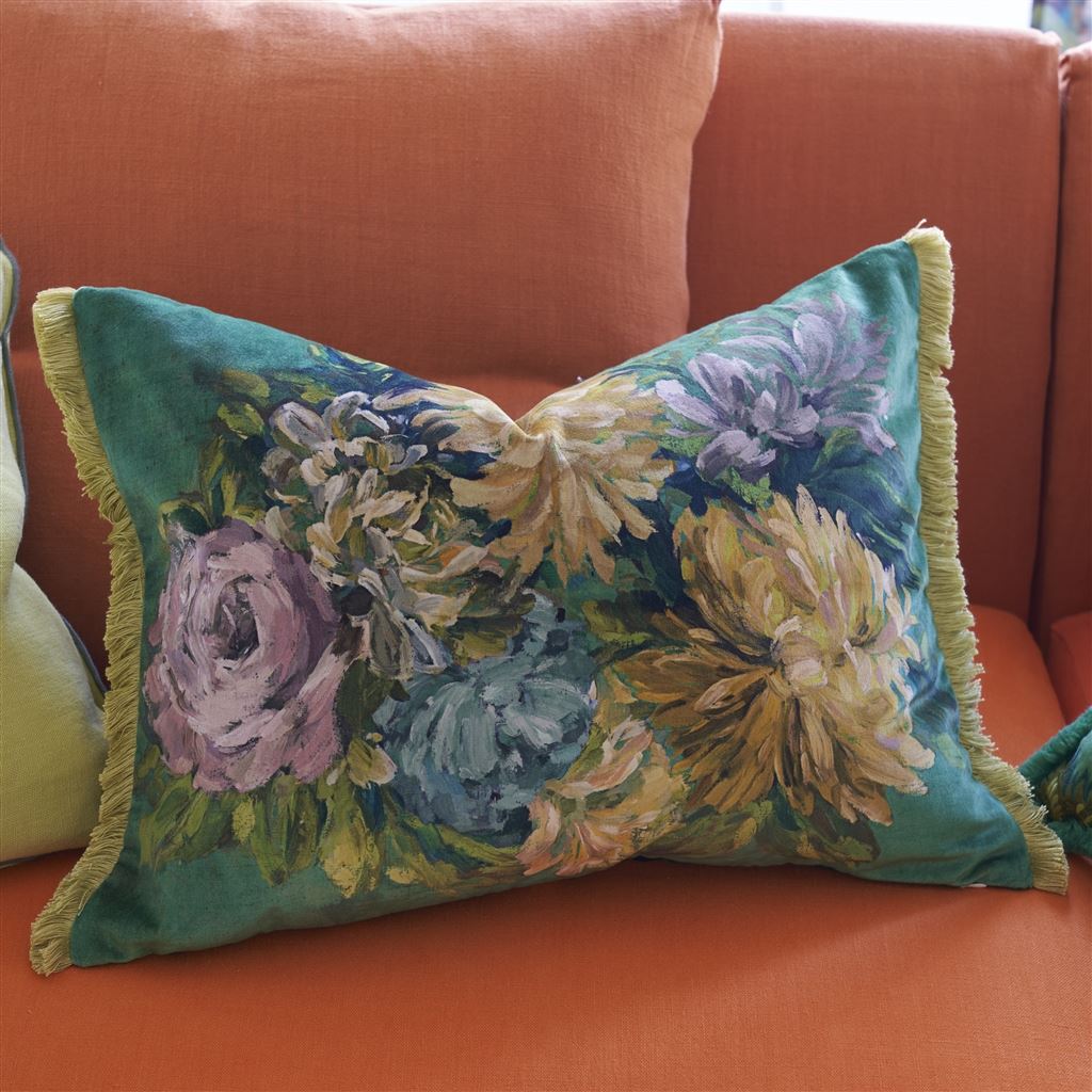 Fleurs D Artistes Velours Vintage Green Velvet Cushion