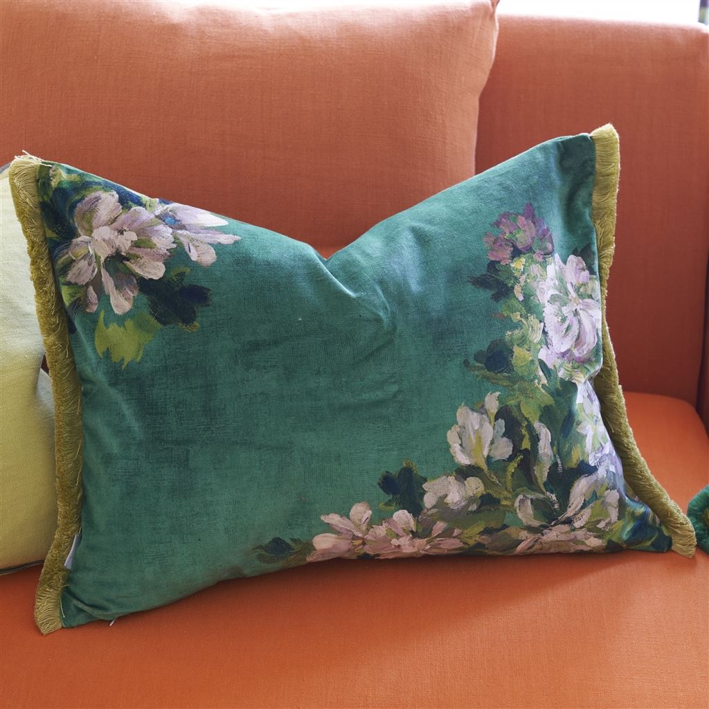 Fleurs D Artistes Velours Vintage Green Velvet Cushion