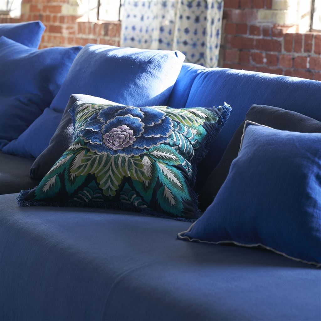 Rose De Damas Embroidered Indigo Cotton Cushion