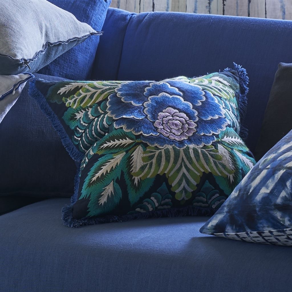 Rose De Damas Embroidered Indigo Cotton Cushion