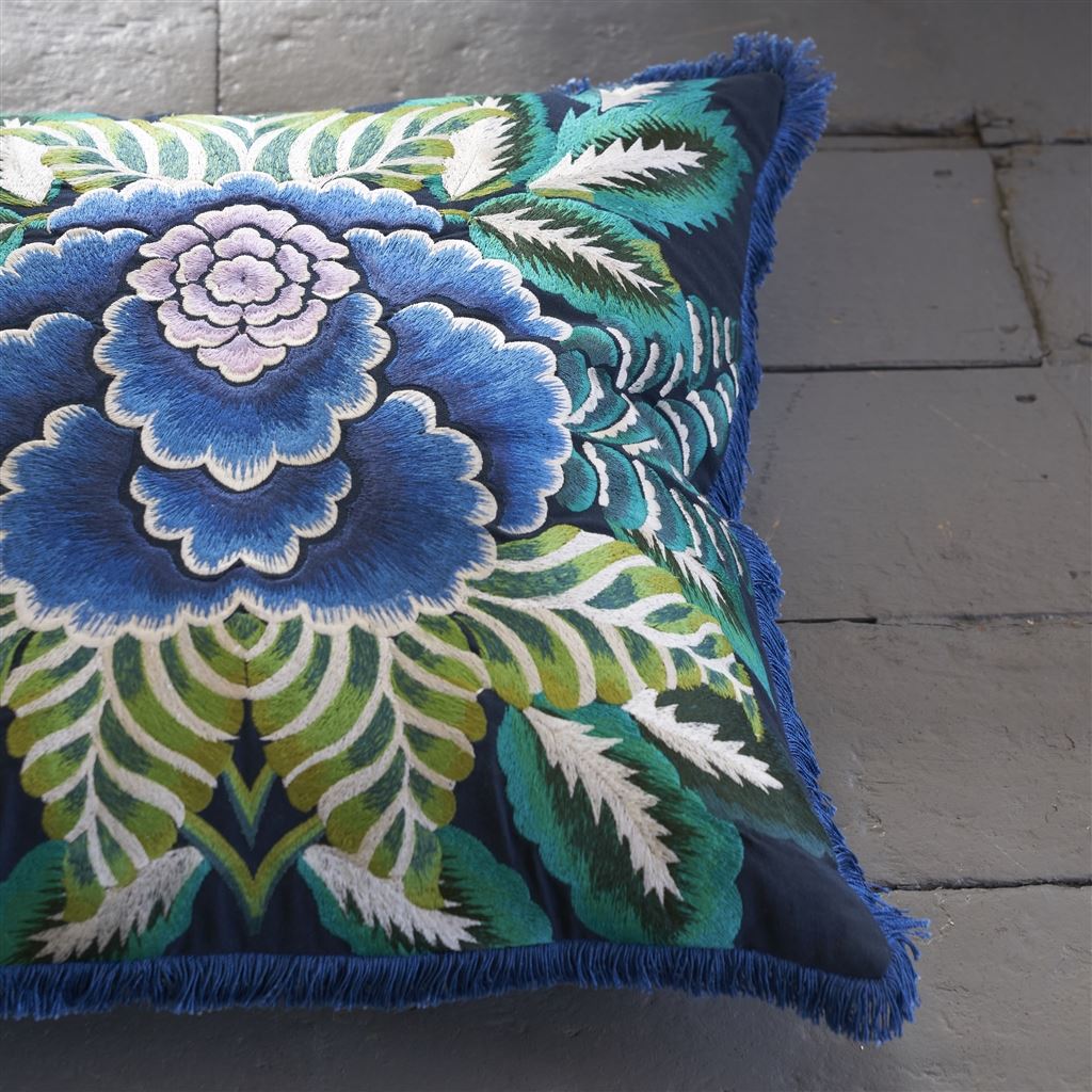 Rose De Damas Embroidered Indigo Cotton Cushion