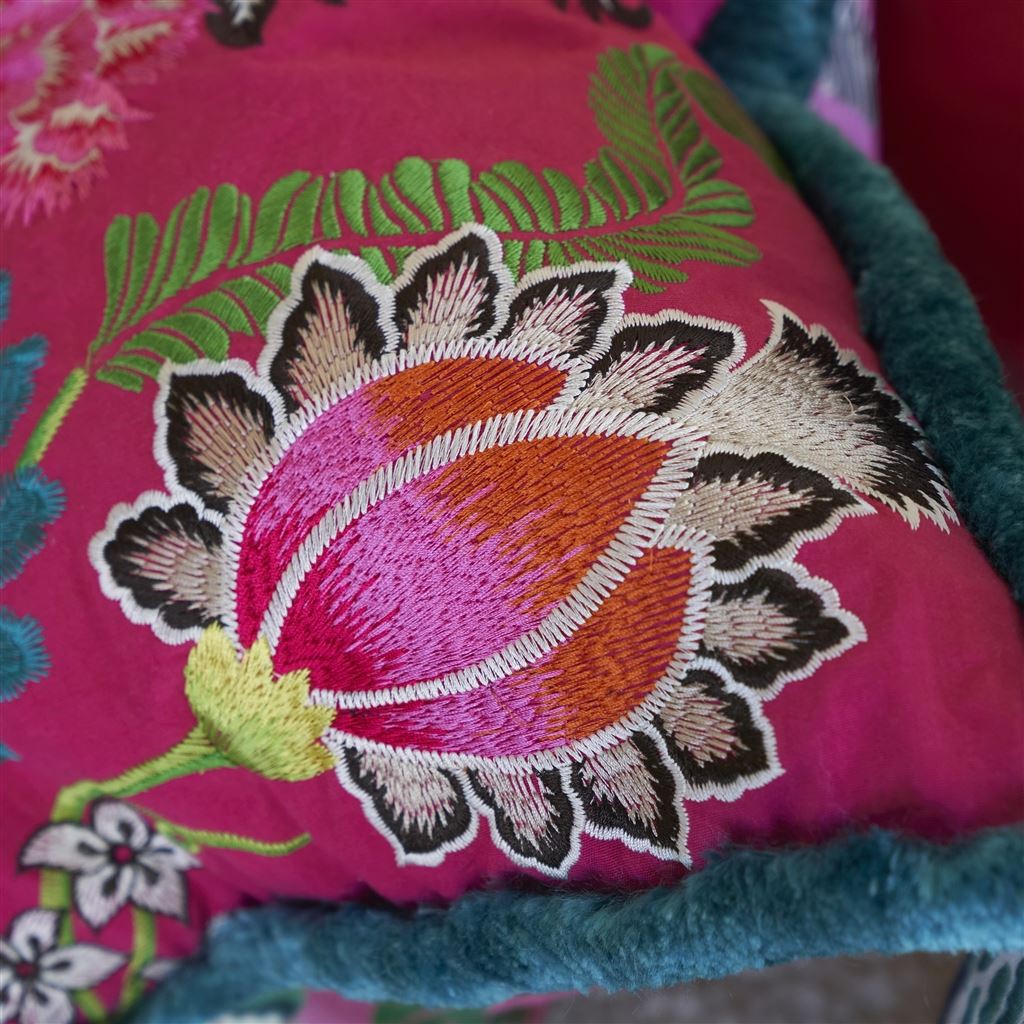 Brocart Decoratif Embroidered Cerise Cotton Cushion