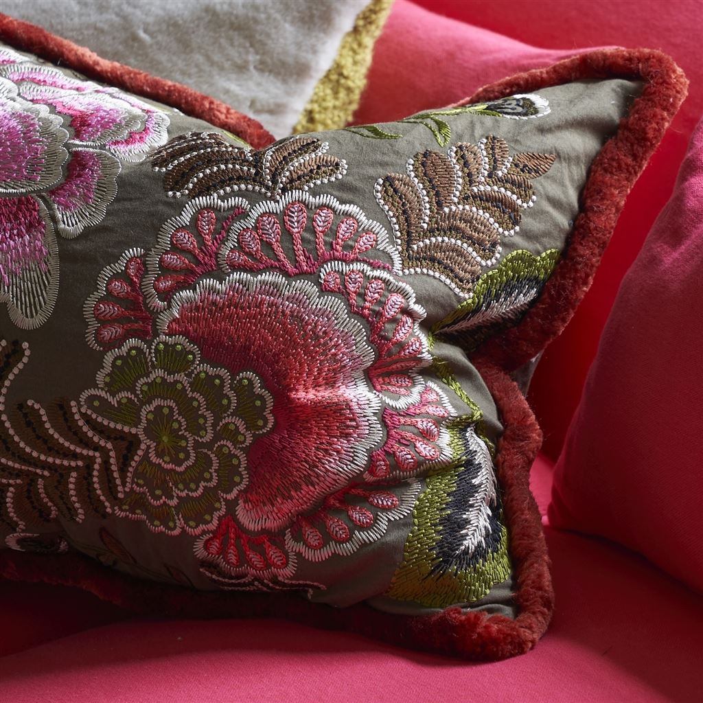 Rose De Damas Embroidered Cranberry Decorative Pillow