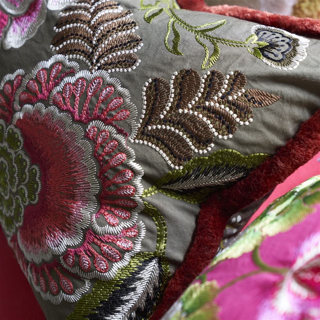 Rose De Damas Embroidered Cranberry Cotton Cushion