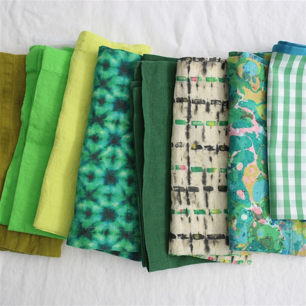 Shibori Emerald Linen Runner, Placemats & Napkins