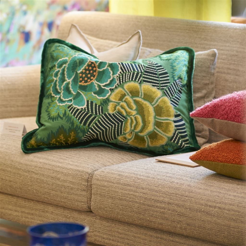 Rose De Damas Jade Embroidered Cotton Cushion