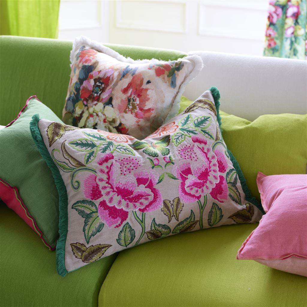 Isabella Embroidered Fuchsia Linen Cushion