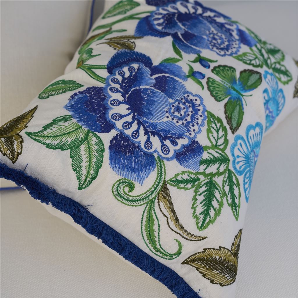 Isabella Embroidered Cobalt Linen Cushion