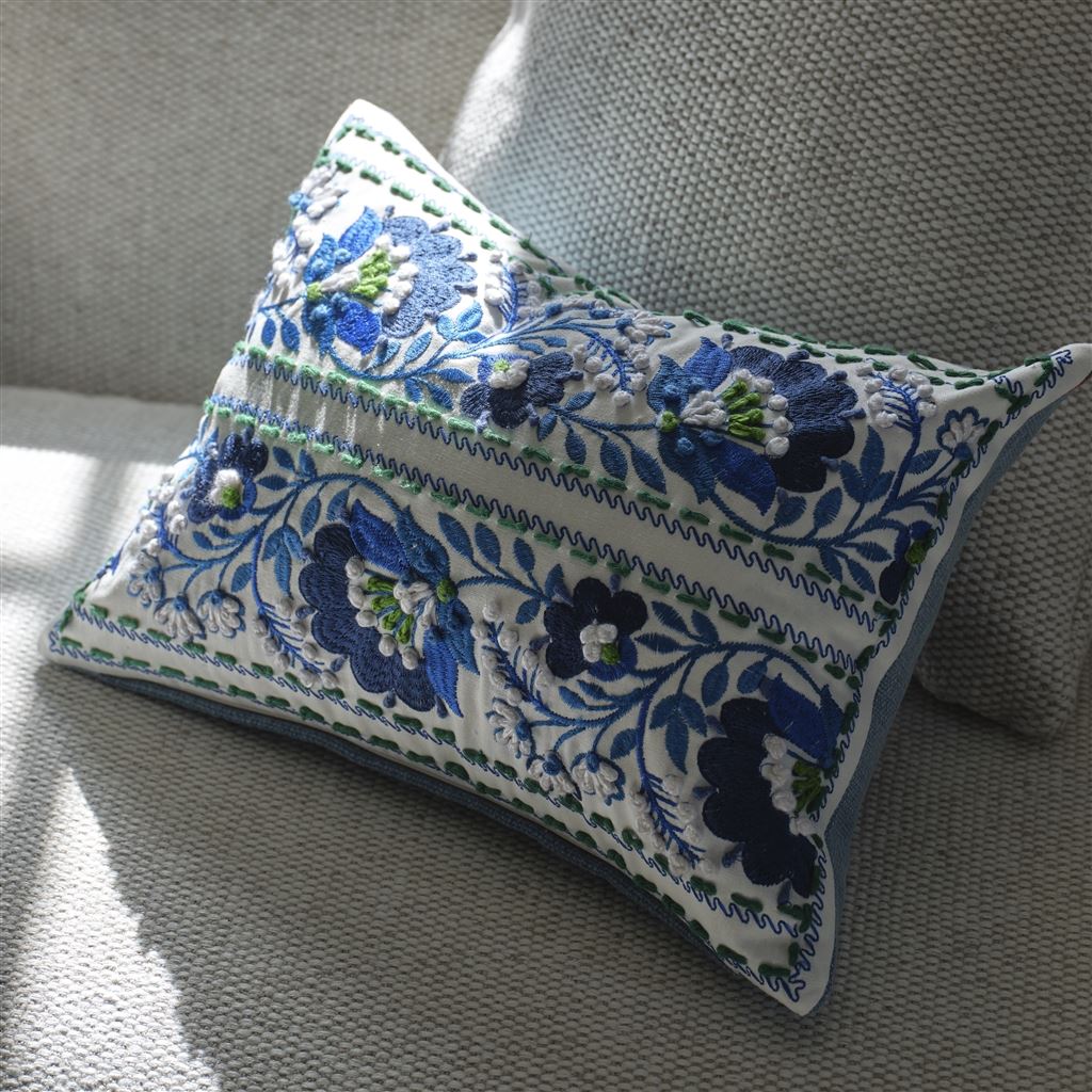 Enamel Flower Indigo  Embroidered Cotton Cushion