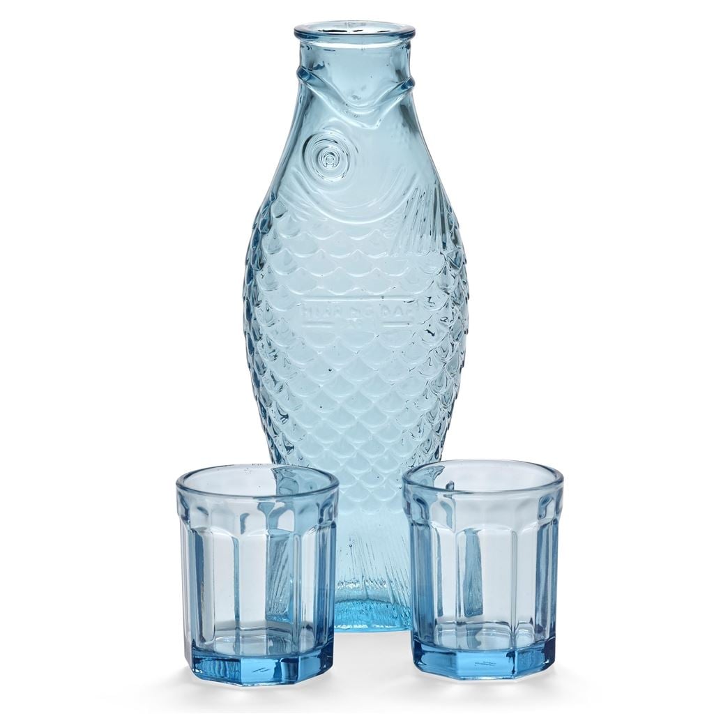 Fish & Fish Carafe & 2 Medium Glasses Gift Set Blue 