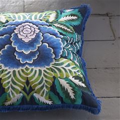 Rose De Damas Embroidered Indigo Cotton Cushion