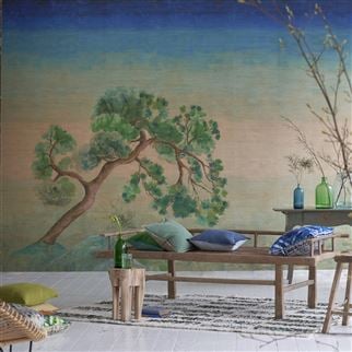 Landscape wallpaper and decorative panels creating
