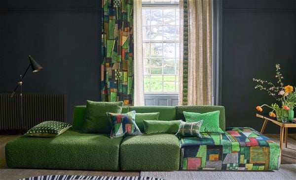 Curated upholstery fabric swatches and interior de