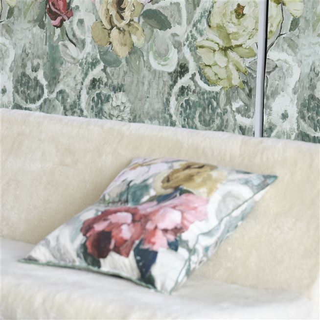Tapestry Flower Eau De Nil Velvet Cushion