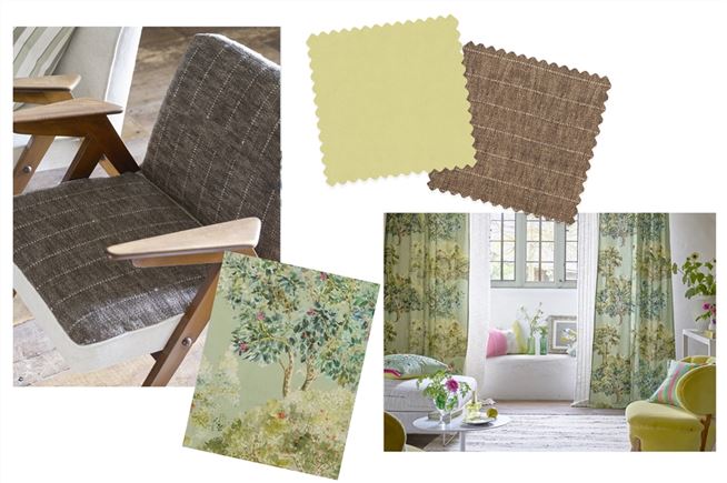 Styled arrangement of fabric and wallpaper samples