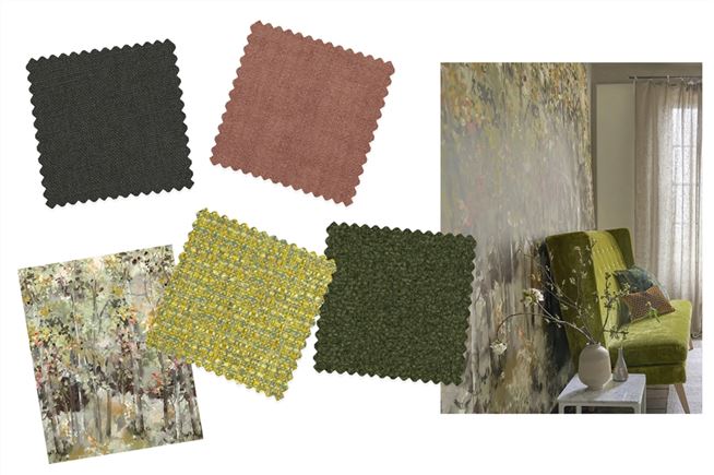 Fabric and wallpaper samples arranged beside inter