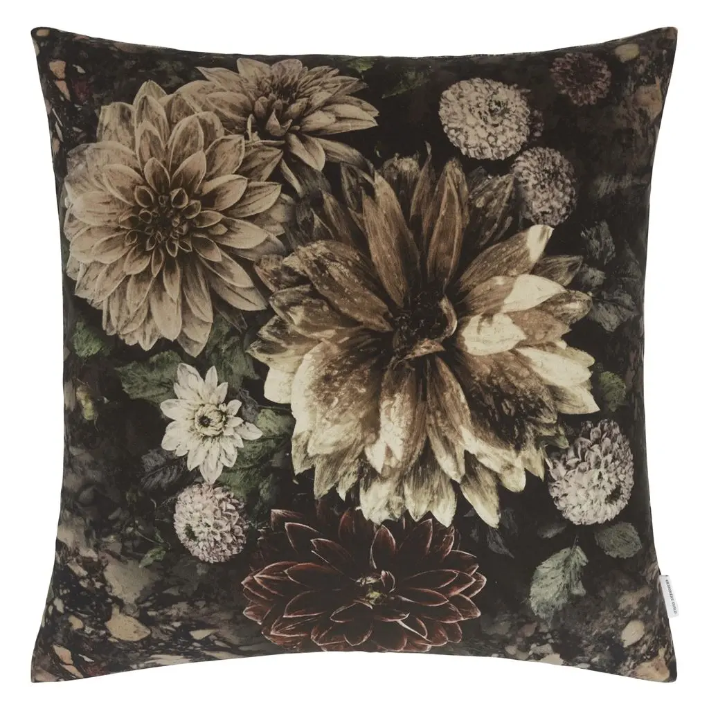 Dahlia Noir Slate Brown Floral Velvet Cushion Designers Guild