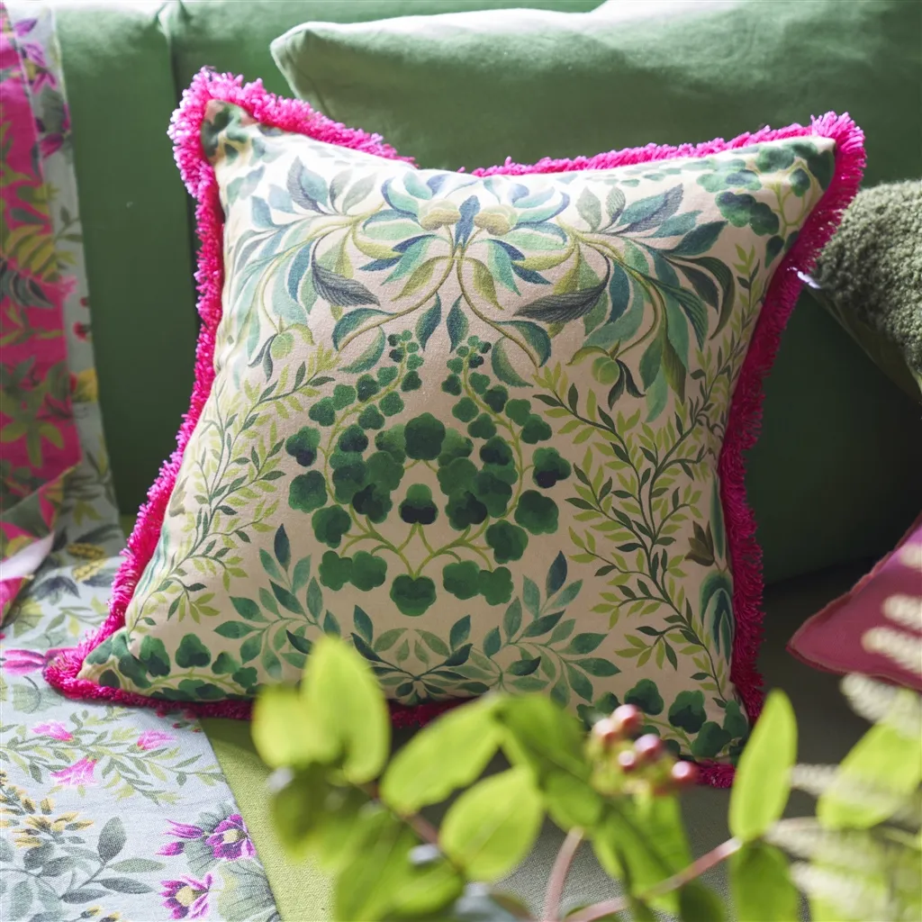 Ikebana Damask Fuchsia Embroidered Cotton Cushion