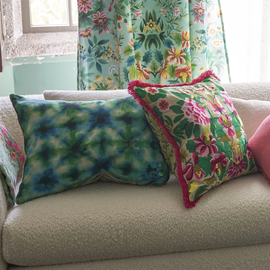 Ikebana Damask Fuchsia Embroidered Cotton Cushion