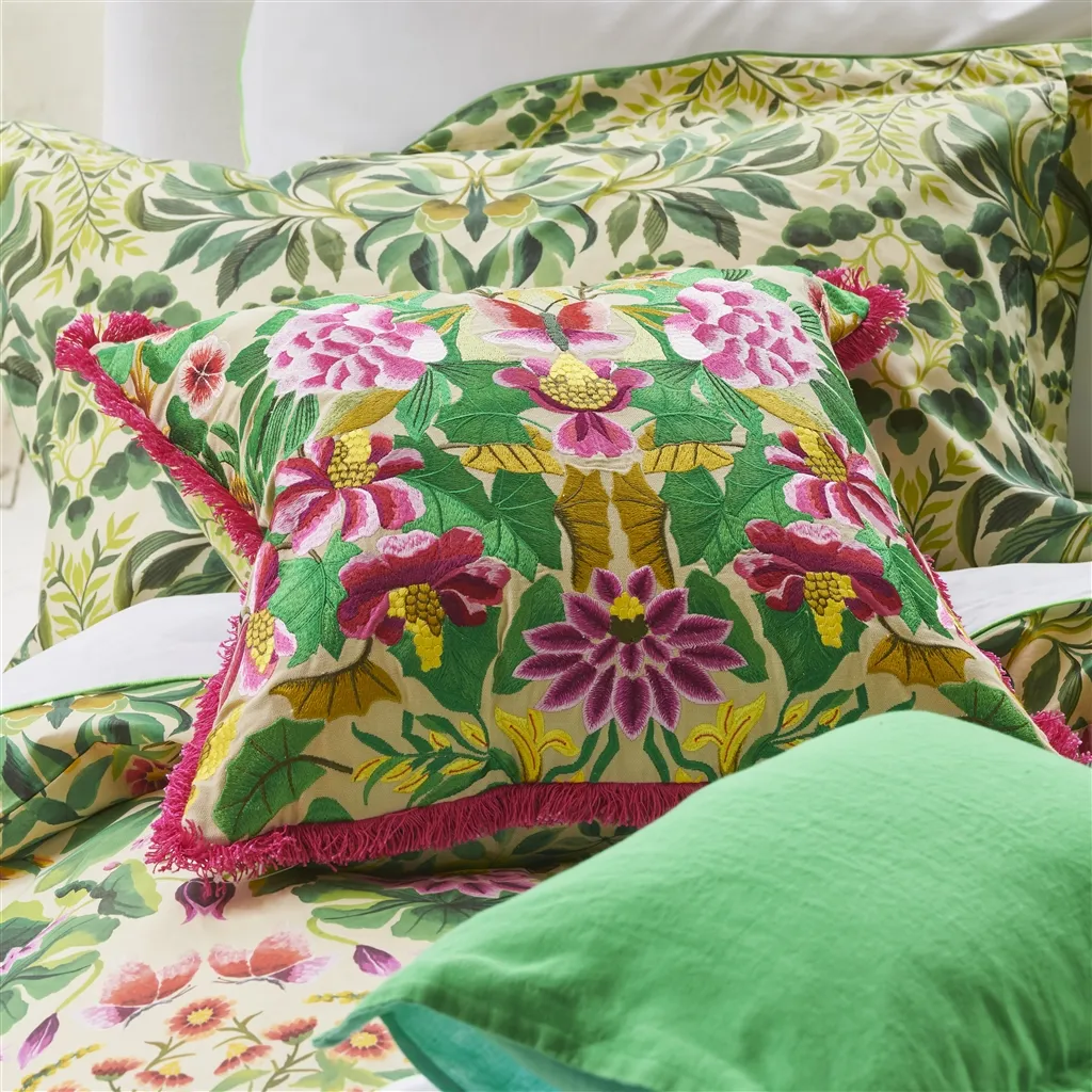 Ikebana Damask Fuchsia Embroidered Cotton Cushion