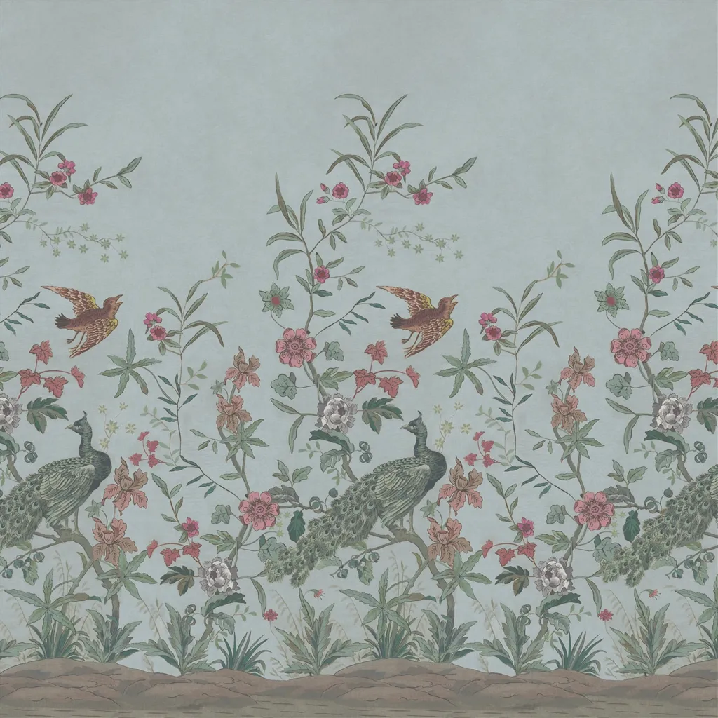 Peacock Toile Scene 1 Sky Blue