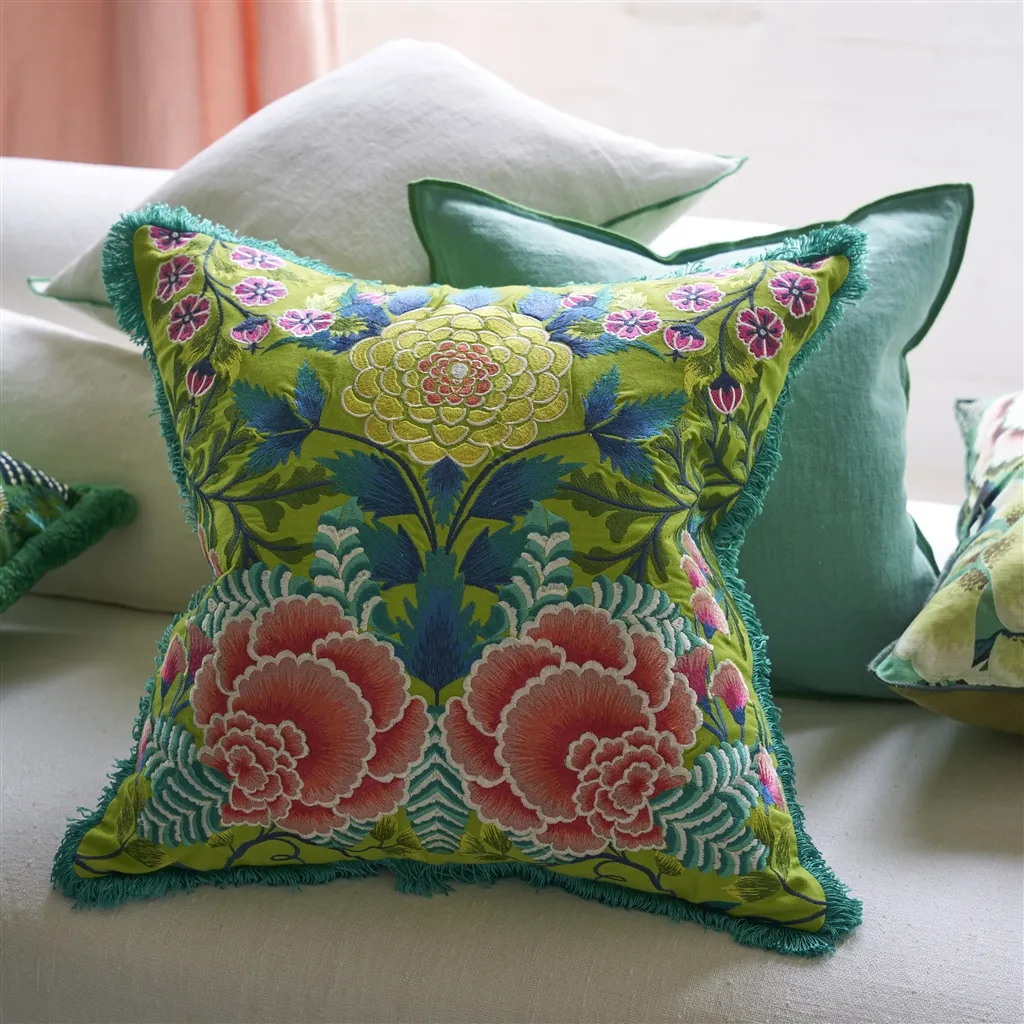 Brocart Decoratif Lime Embroidered Cotton Cushion
