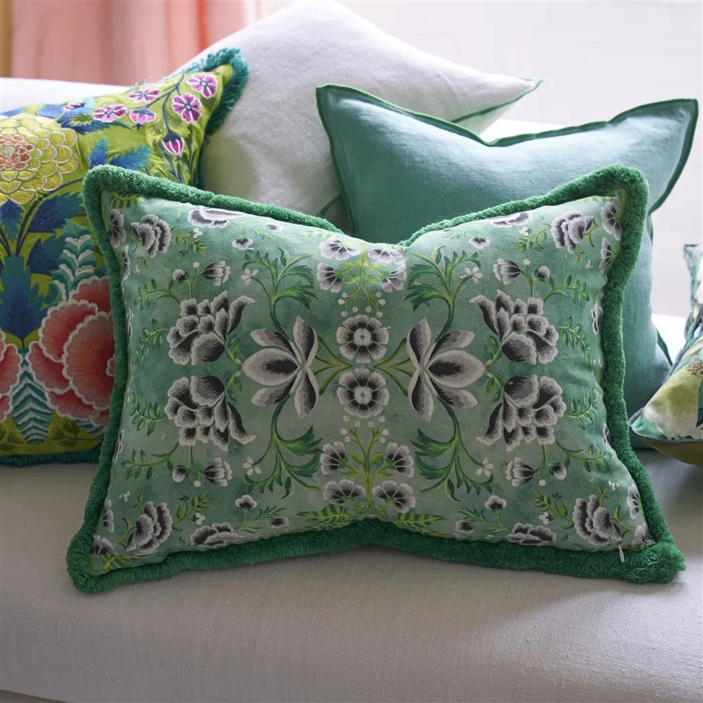 Rose De Damas Jade Embroidered Cotton Cushion