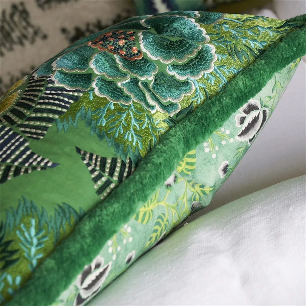 Rose De Damas Jade Embroidered Cotton Cushion