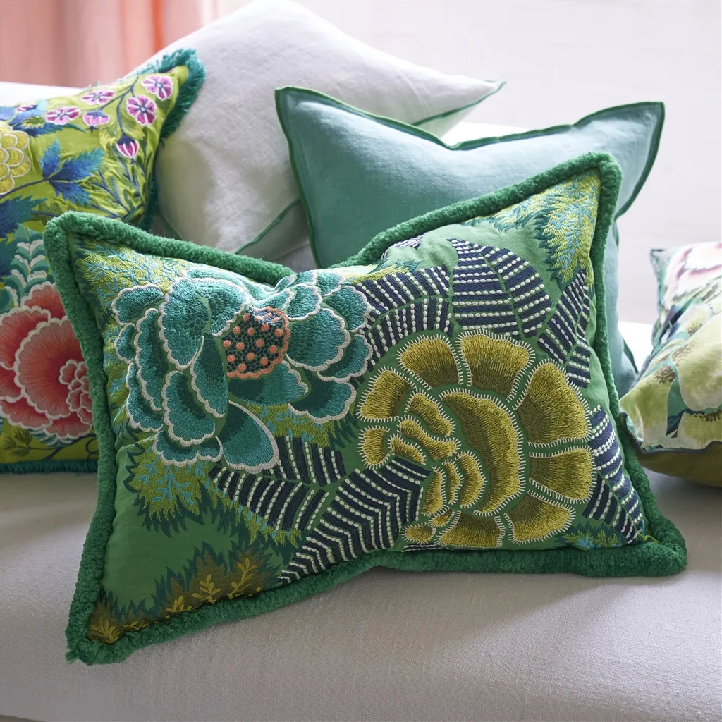 Rose De Damas Jade Embroidered Cotton Cushion