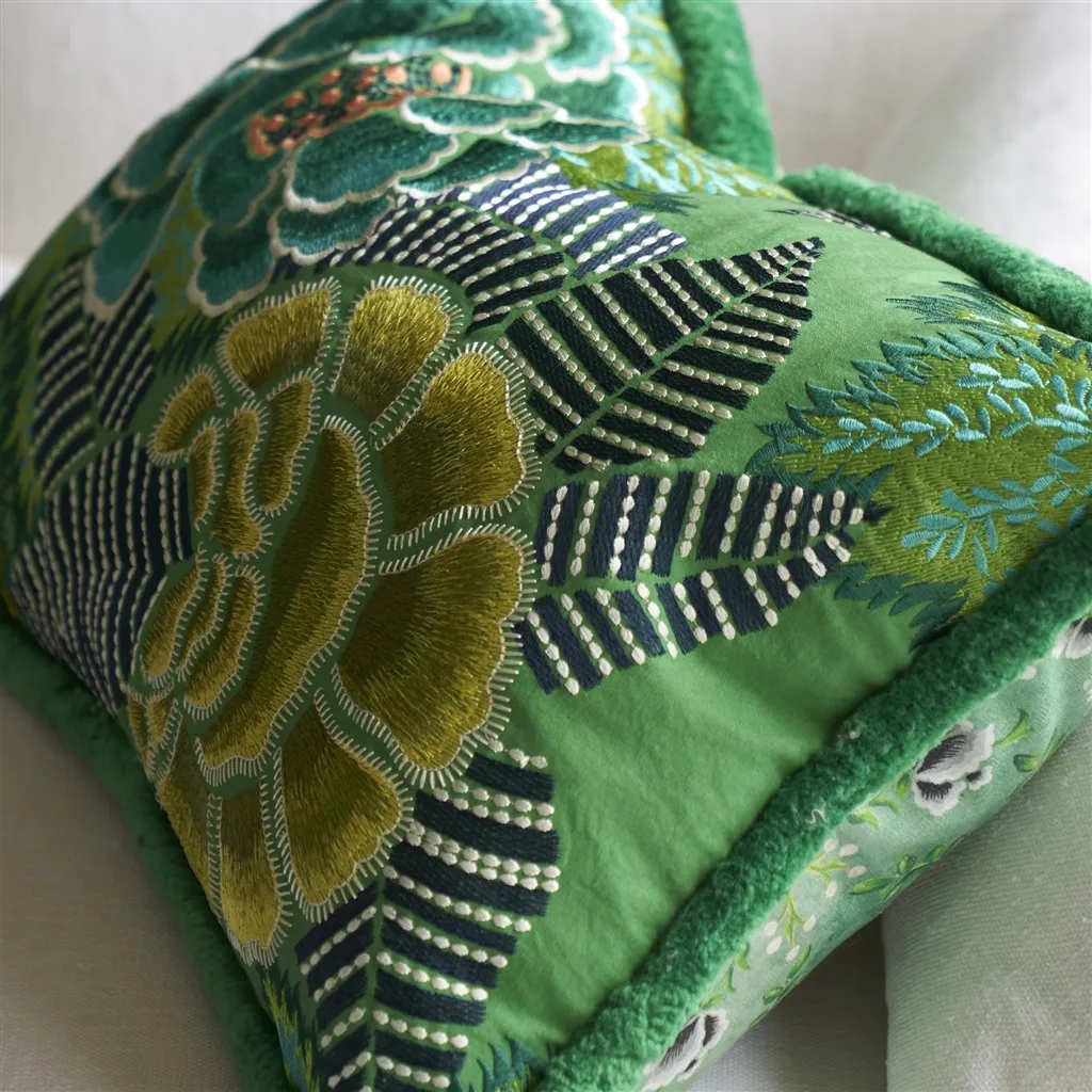 Rose De Damas Jade Embroidered Cotton Cushion